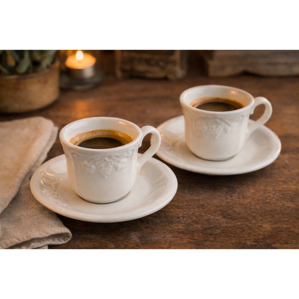 Italian Espresso Cups Saucers Set White‎ Grape Relief Cafe Farmhouse Vintage